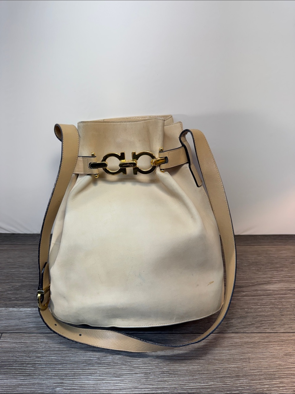 Salvatore Ferragamo Cream and Tan Leather Bucket Shoulder Bag with Gold Hardware
